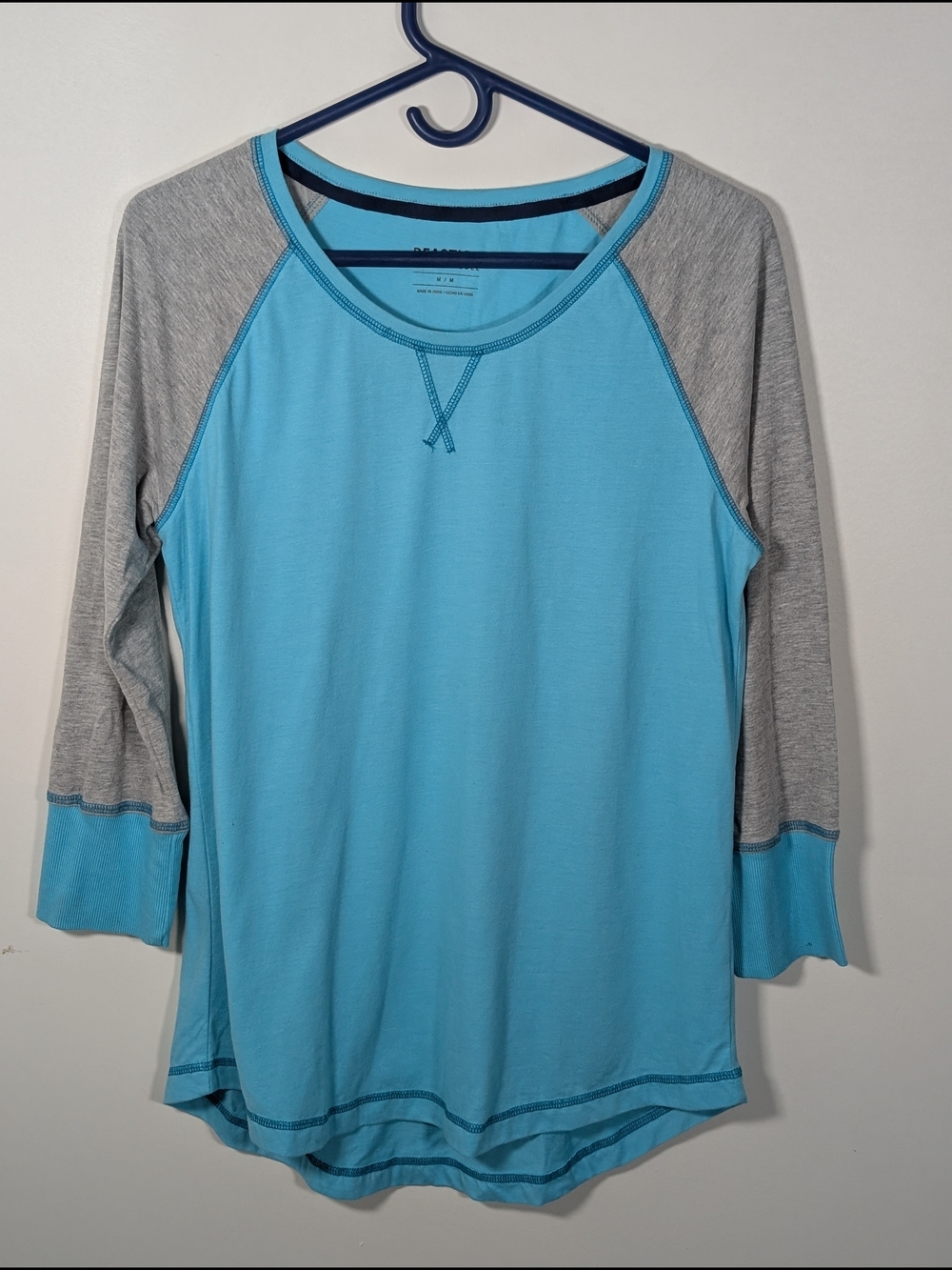 Reaction Kenneth Cole Blue Gray Colorblock Knit Round Neck Raglan 3/4 Tee M